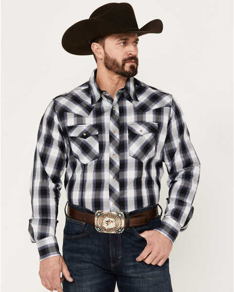 Wrangler Men's Plaid Print Long Sleeve Snap Western Shirt, Black, hi-res