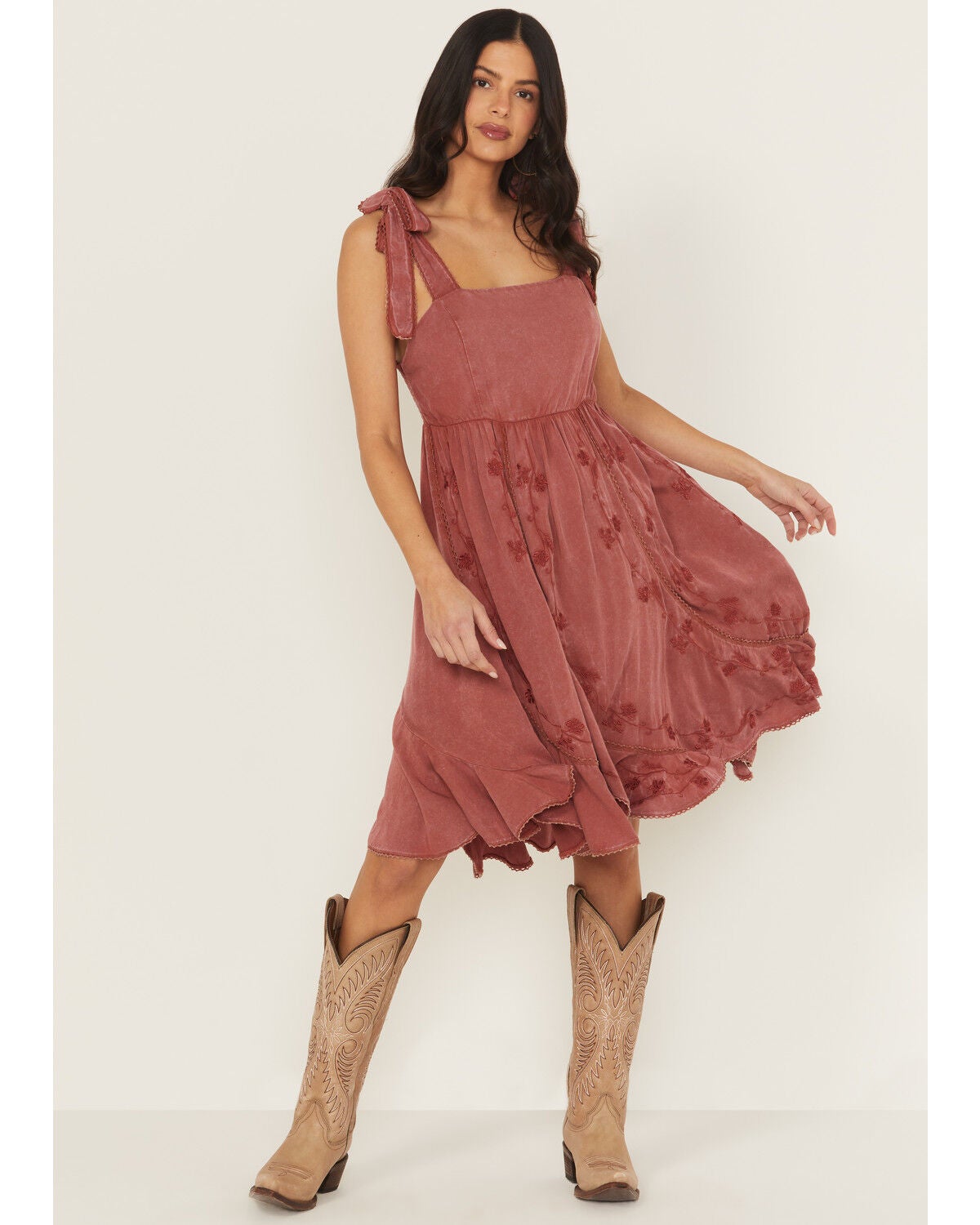 Wild Moss Women's Floral Embroidered Tie Strap Midi Dress, Rose, hi-res