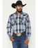 Image #1 - Ely Walker Men's Plaid Print Long Sleeve Pearl Snap Western Shirt, Blue, hi-res