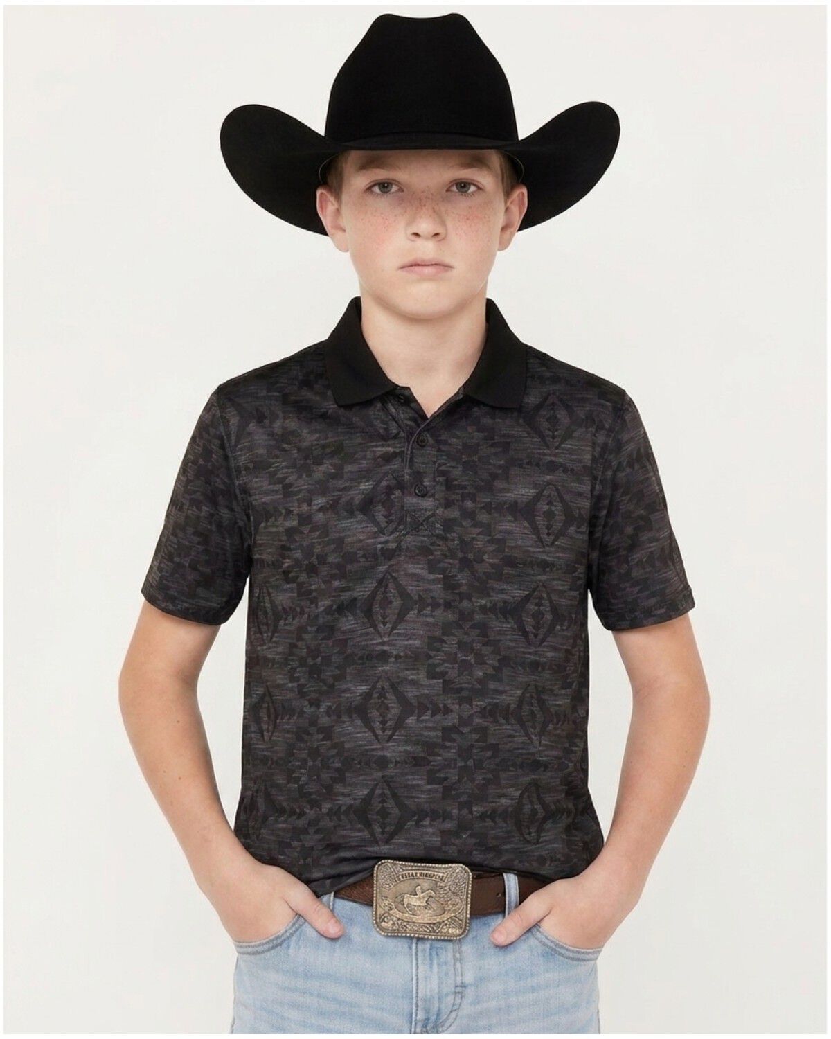 Image #1 - RANK 45&reg; Boys' Tonal Southwestern Print Short Sleeve Polo, Charcoal, hi-res