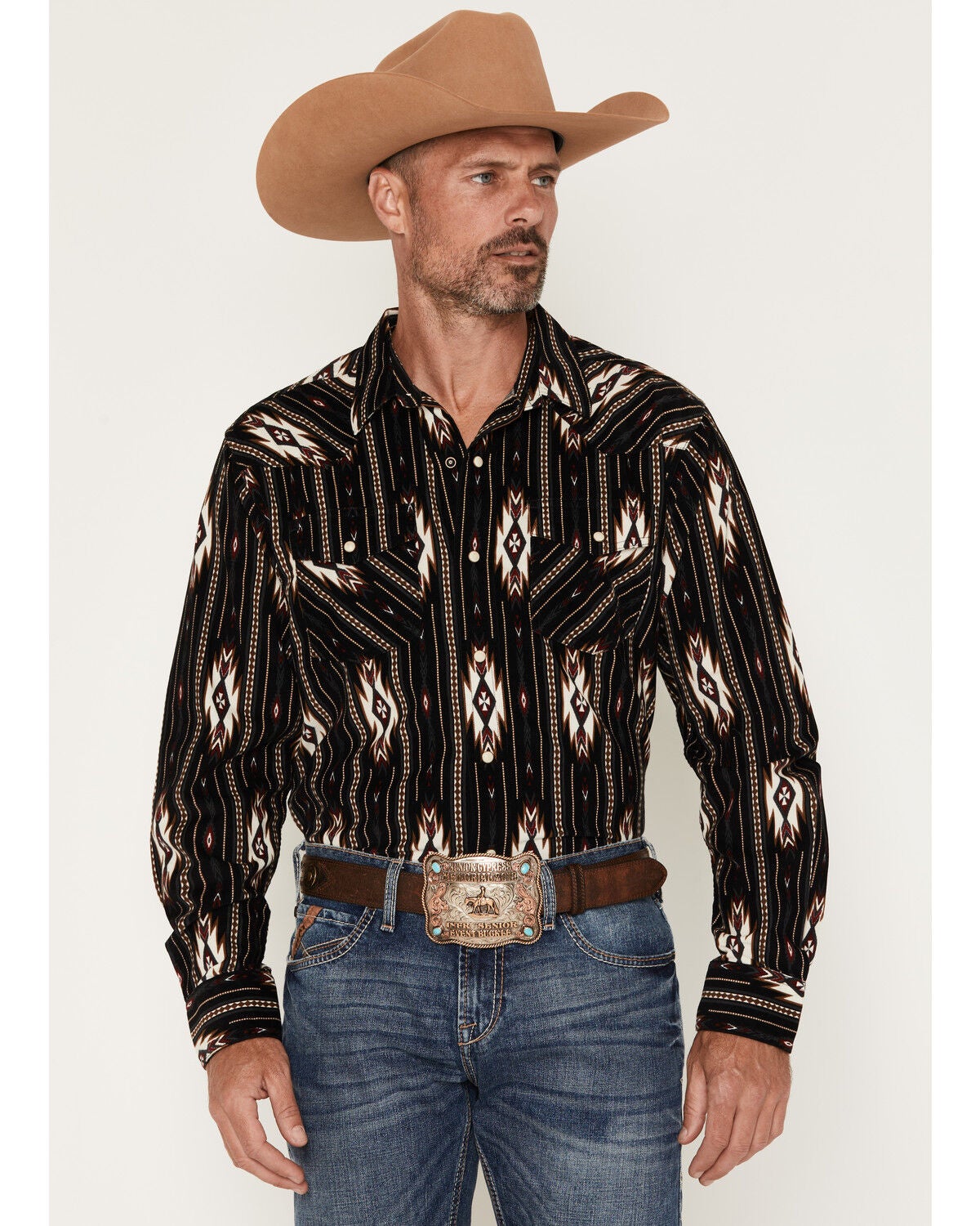 Ariat Men's Retro Holbert Southwestern Corduroy Long Sleeve Snap Western Shirt, Black, hi-res