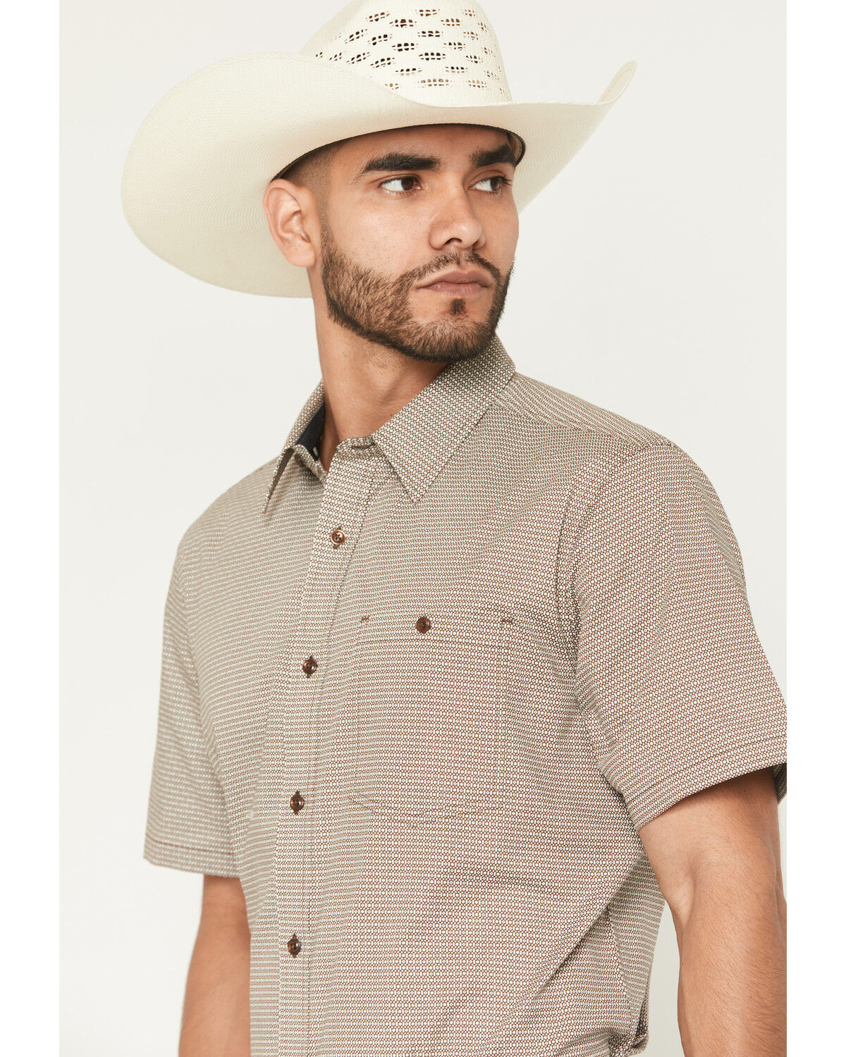 Image #2 - RANK 45® Men's Canyon Echo Micro Geo Print Short Sleeve Button-Down Stretch Western Shirt, Lt Brown, hi-res