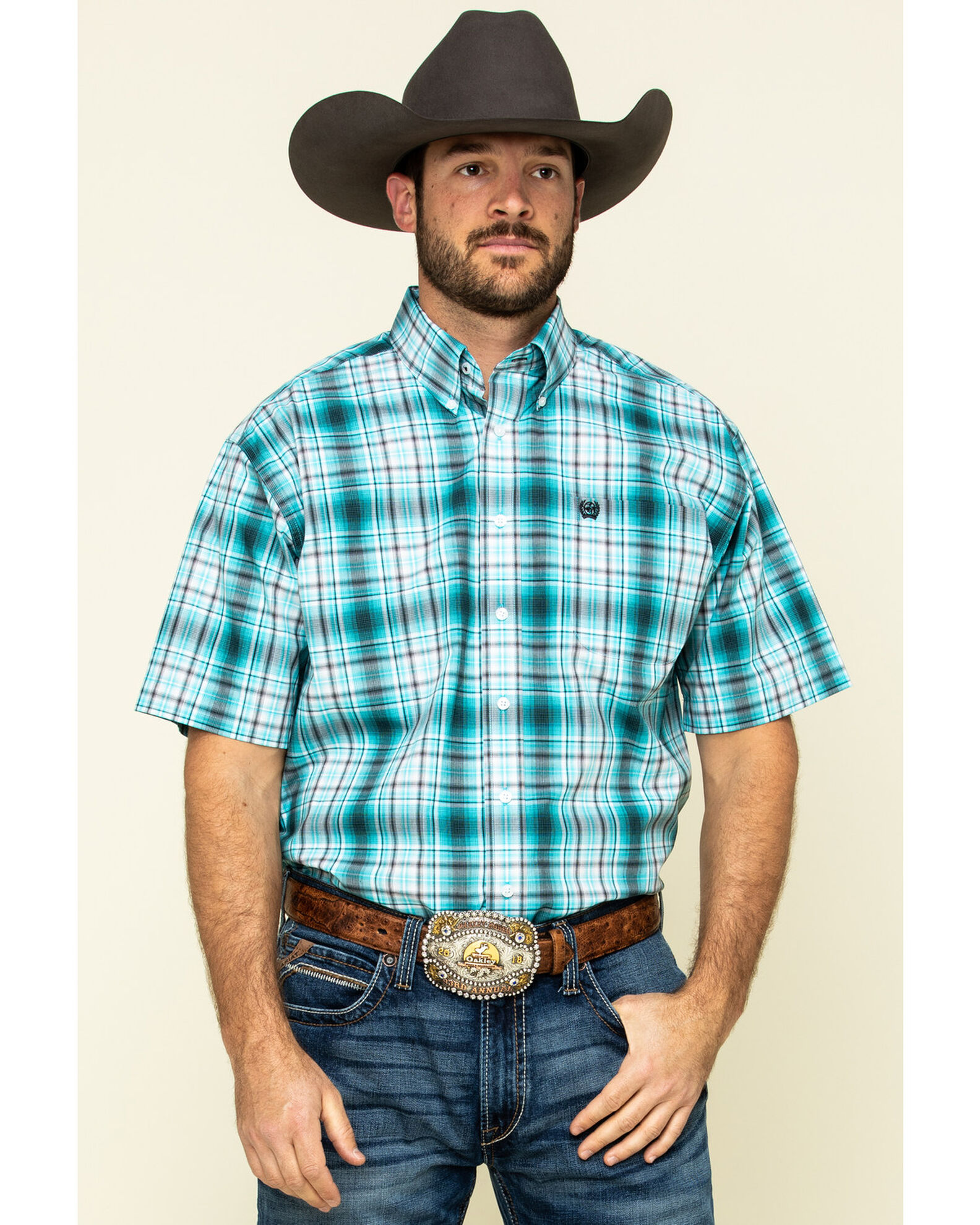 Cinch Men's Blue Large Plaid Short Sleeve Western Shirt