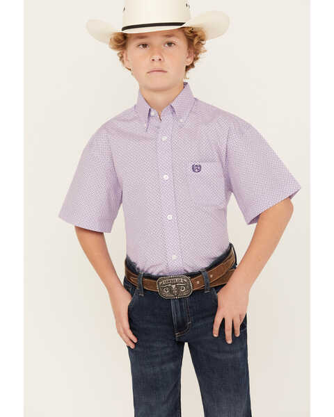 Panhandle Boys' Short Sleeve Button Down Western Shirt, Purple, hi-res