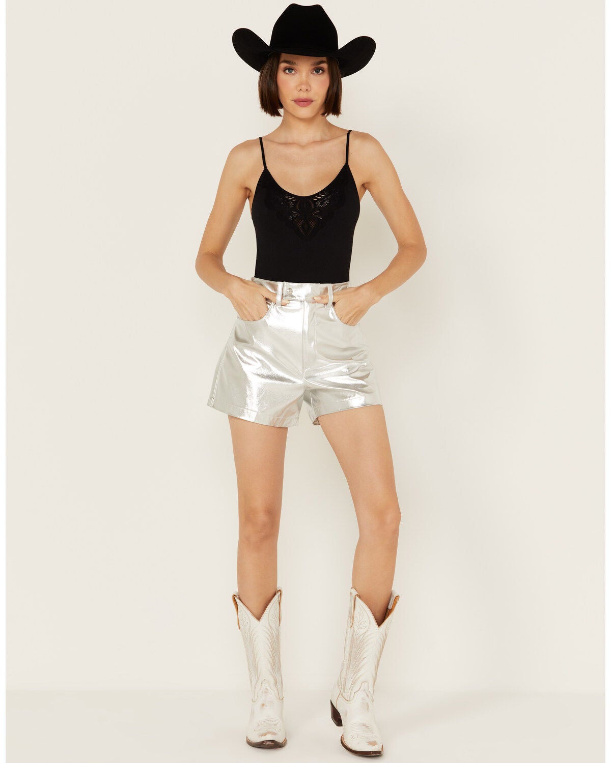 BLANKNYC Women's High Rise Metallic Shorts, Silver, hi-res
