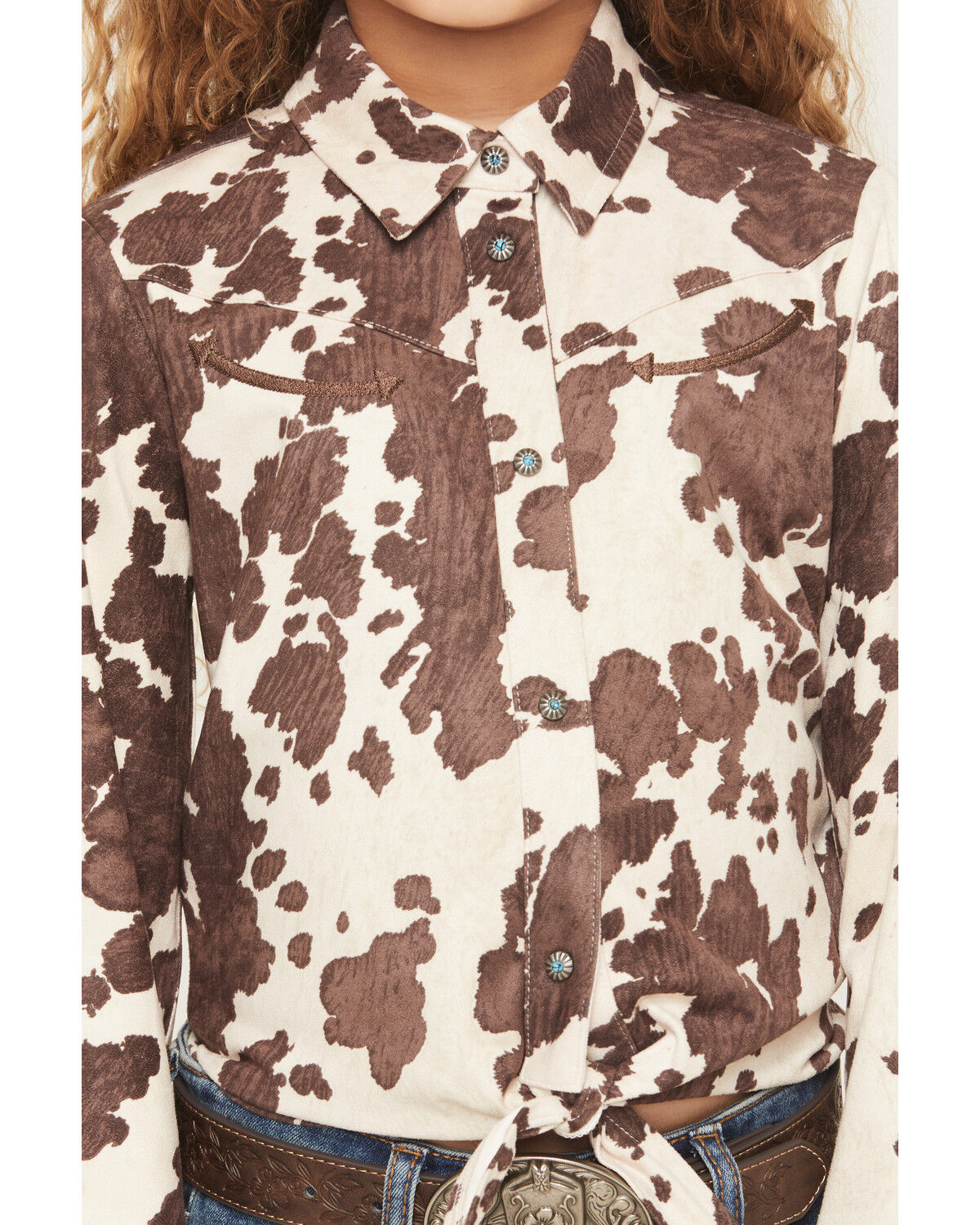Image #3 - Shyanne Girls' Naomi Cow Print Long Sleeve Tie Western Shirt, Brown, hi-res