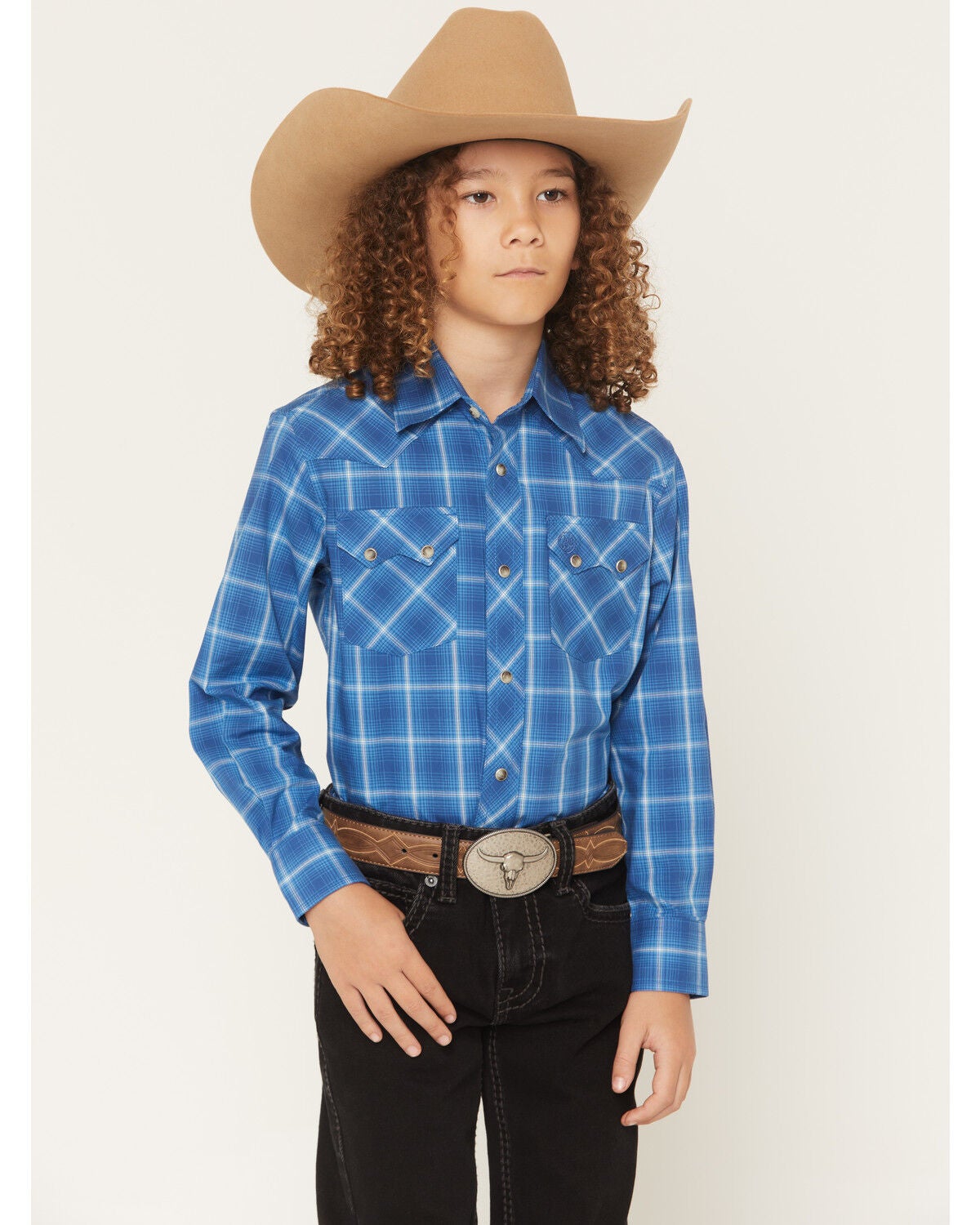 Wrangler Retro Boys' Plaid Print Long Sleeve Snap Western Shirt, Blue, hi-res
