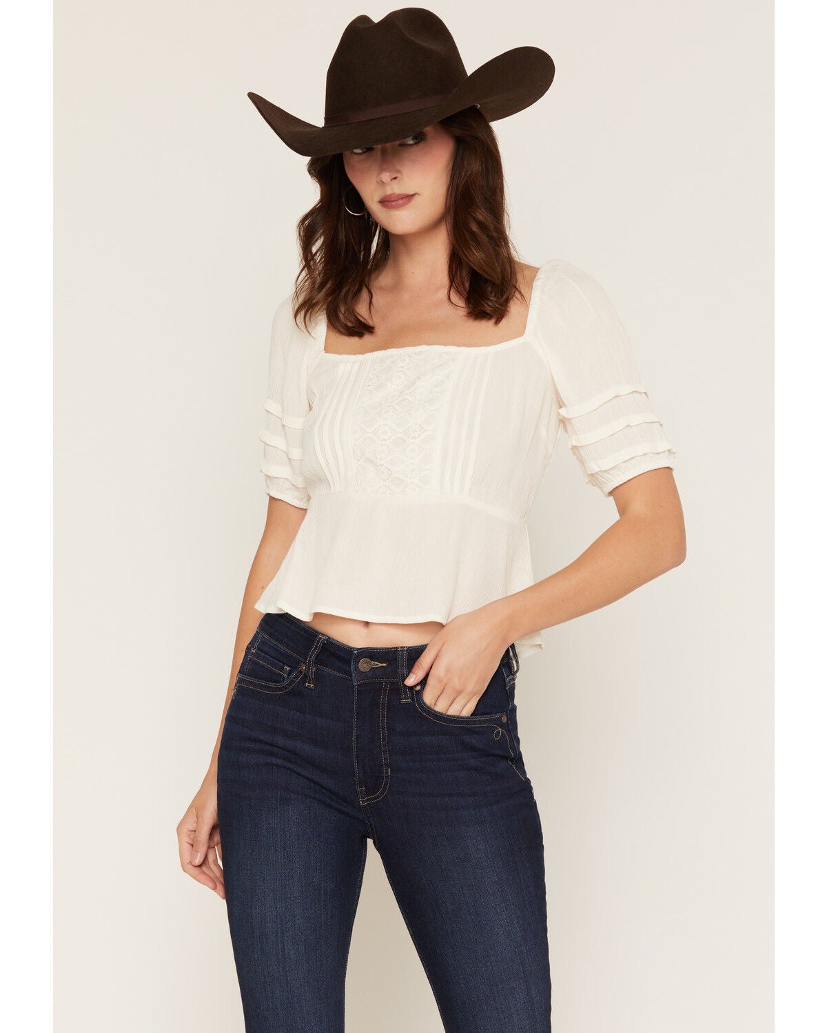 Image #1 - Lovestitch Women's Lace Front Short Sleeve Top, Ivory, hi-res
