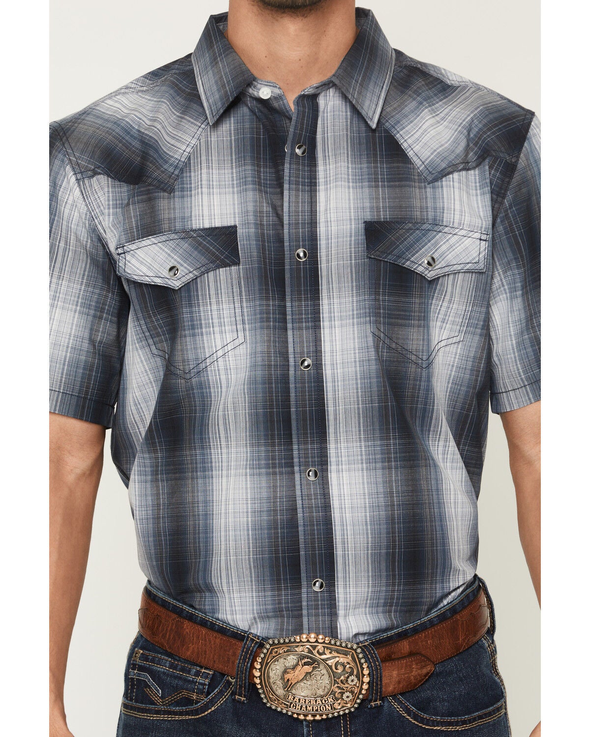 Image #3 - Cody James Men's Weed Wacker Plaid Print Short Sleeve Snap Western Shirt, Blue, hi-res