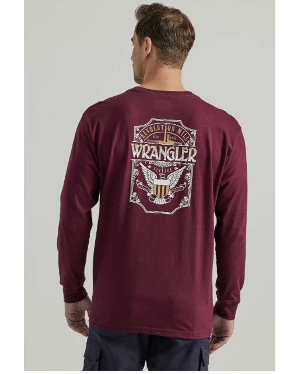 Wrangler Men's FR Eagle Long Sleeve Graphic T-Shirt, Wine, hi-res