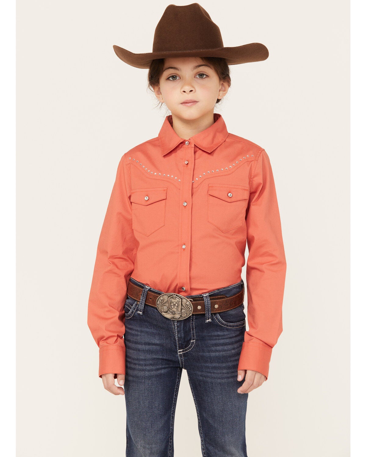 Shyanne Girls' Solid Long Sleeve Rhinestone Button-Down Stretch Western Riding Shirt, Brick Red, hi-res