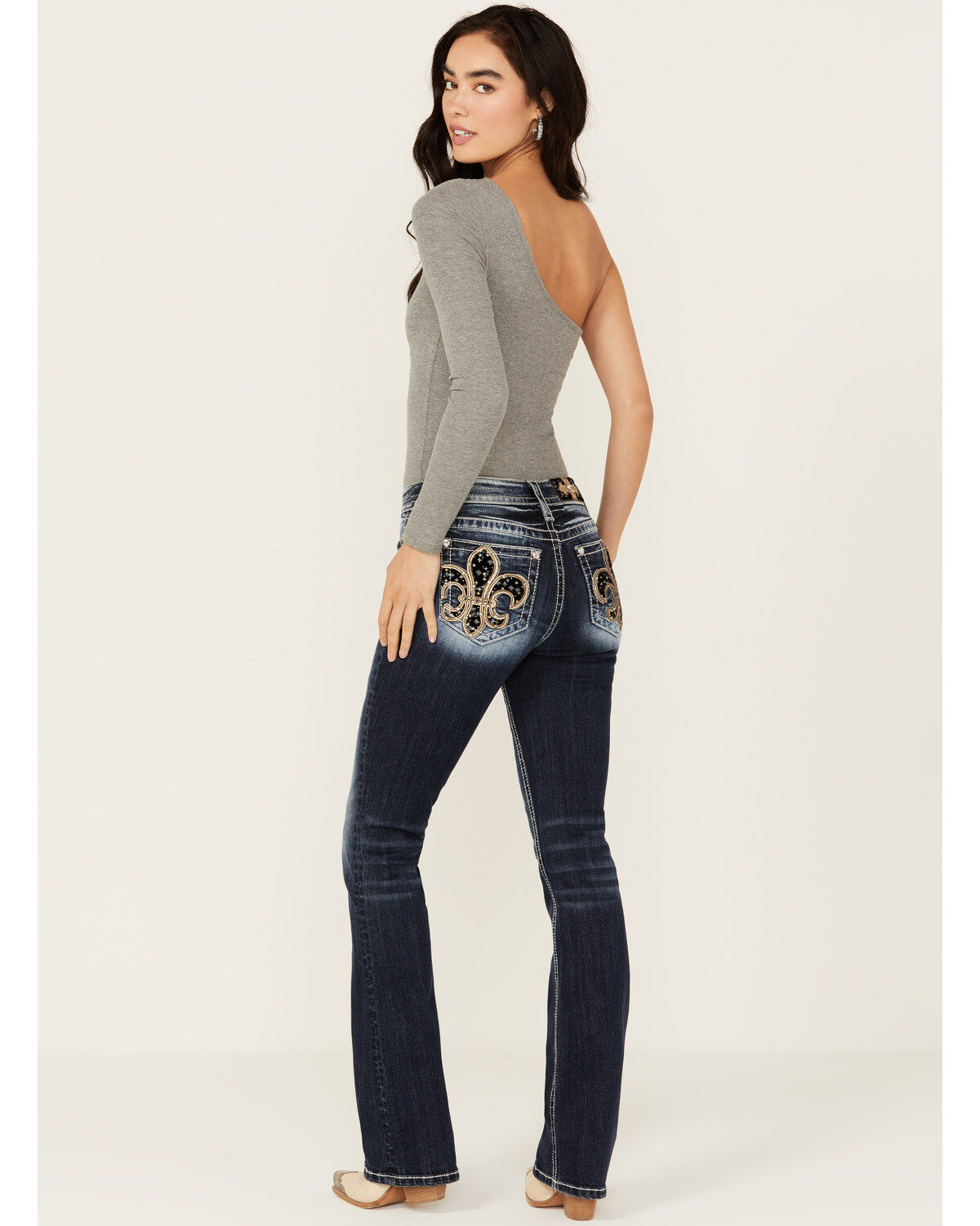 Image #1 - Miss Me Women's Dark Wash Mid Rise Fleur de Lis Bootcut Stretch Denim Jeans, , hi-res