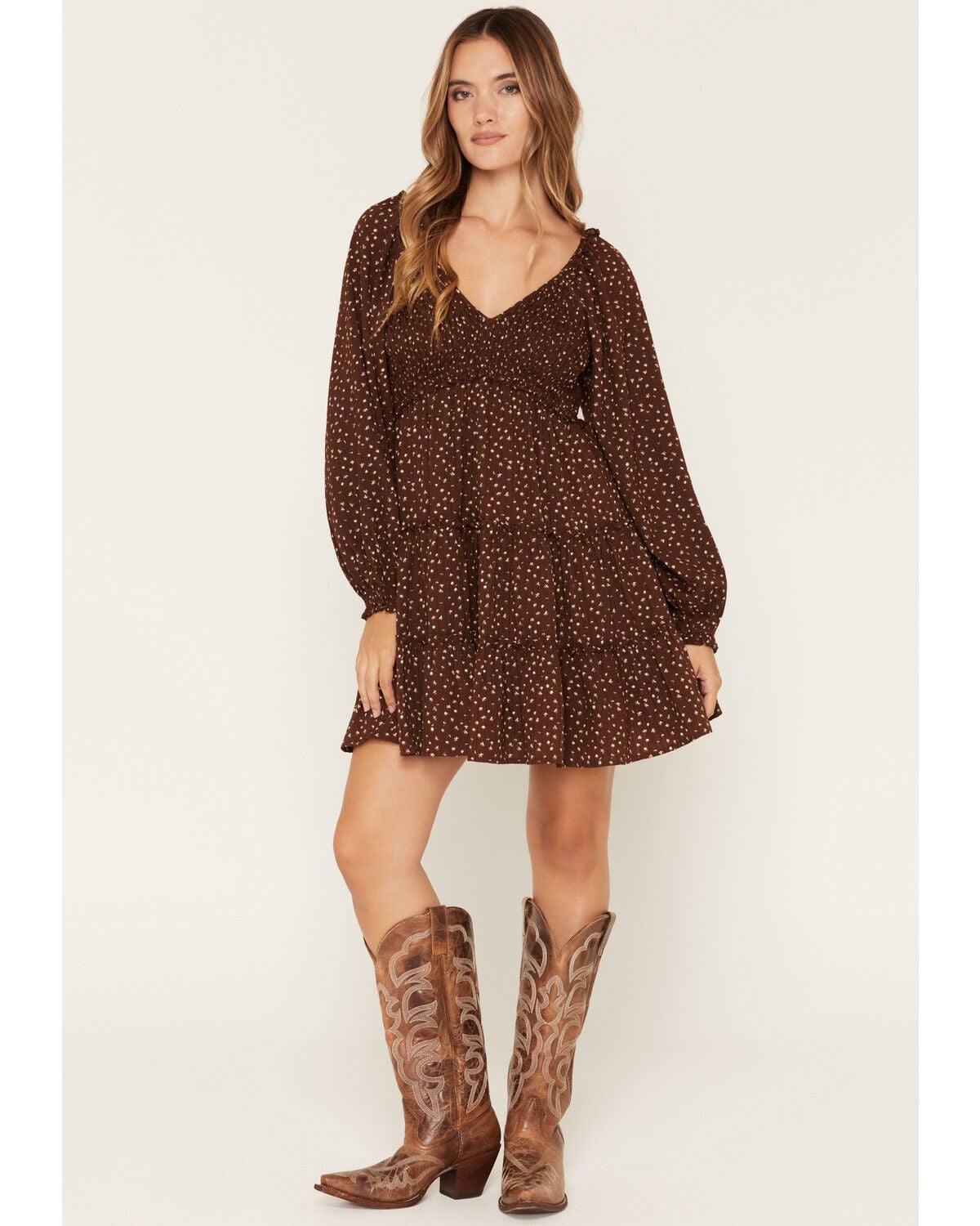 Image #1 - Yura Women's Floral Print Long Sleeve Mini Dress, Brown, hi-res