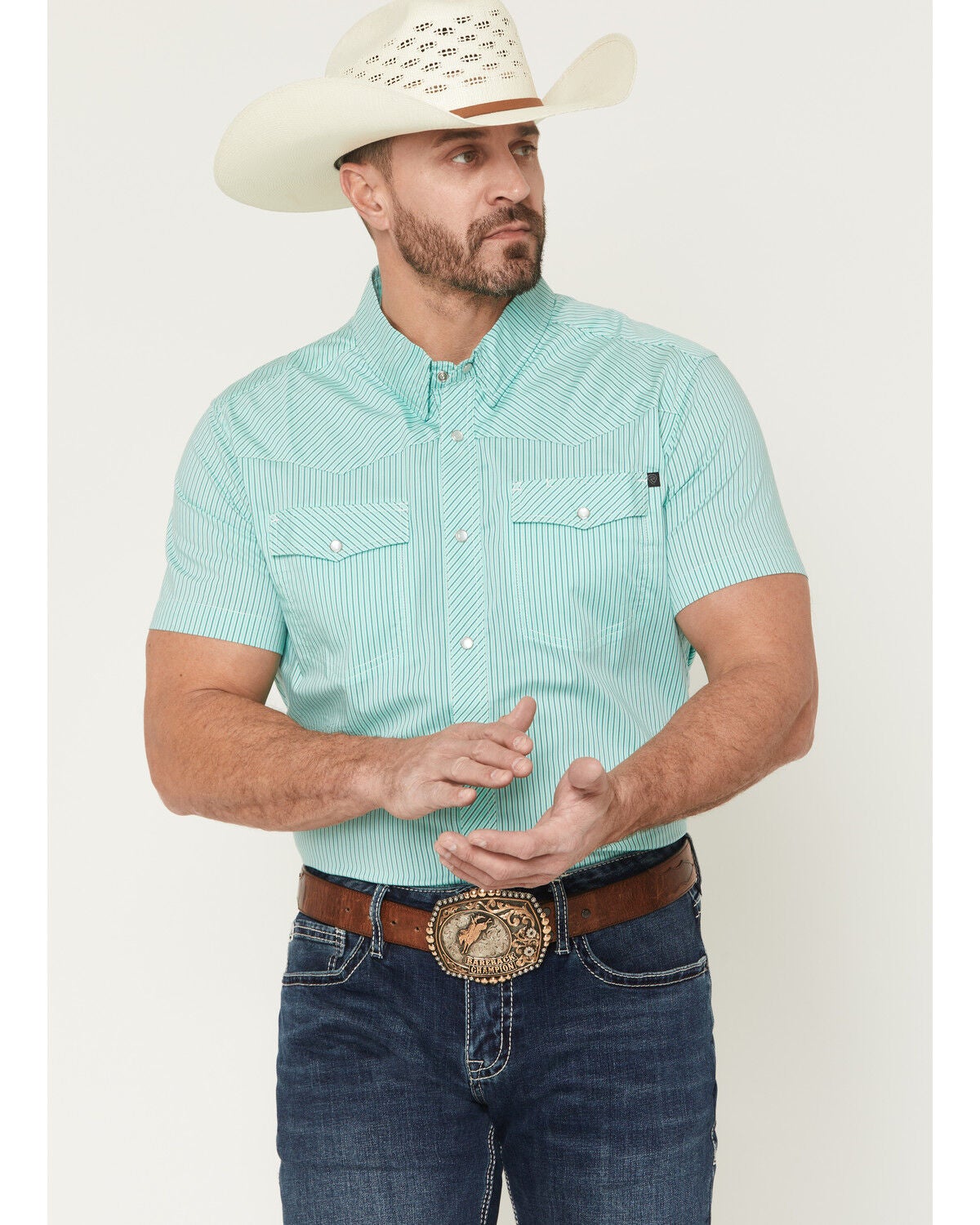 Rock & Roll Denim Men's TEK Core Striped Short Sleeve Pearl Snap Stretch Western Shirt, Turquoise, hi-res