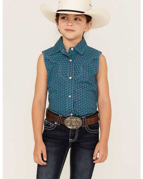 Panhandle Girls' Horseshoe Print Sleeveless Western Snap Shirt, Turquoise, hi-res