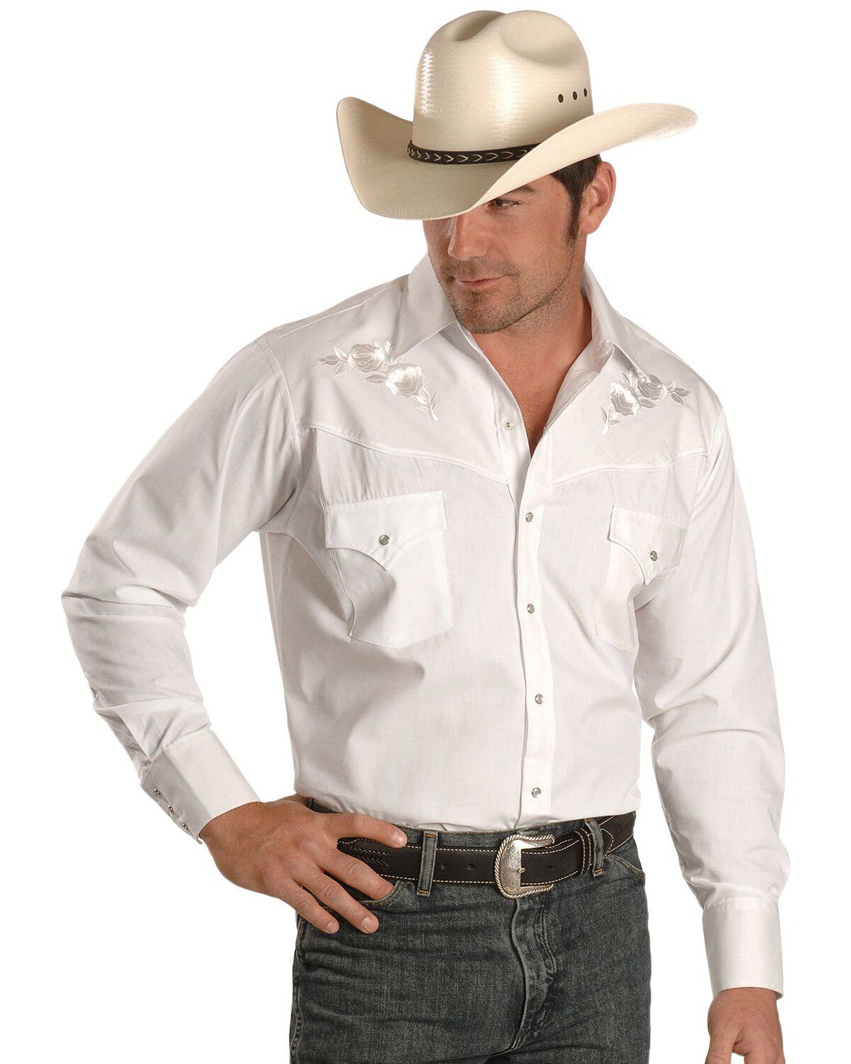 Image #1 - Ely Walker Men's Solid Embroidered Rose Long Sleeve Pearl Snap Western Shirt, , hi-res