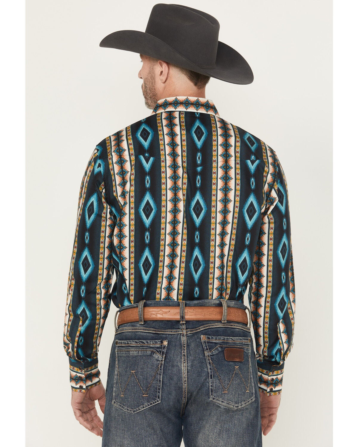Image #4 - Wrangler Men's Checotah Southwestern Print Long Sleeve Snap Western Shirt - Tall, Teal, hi-res
