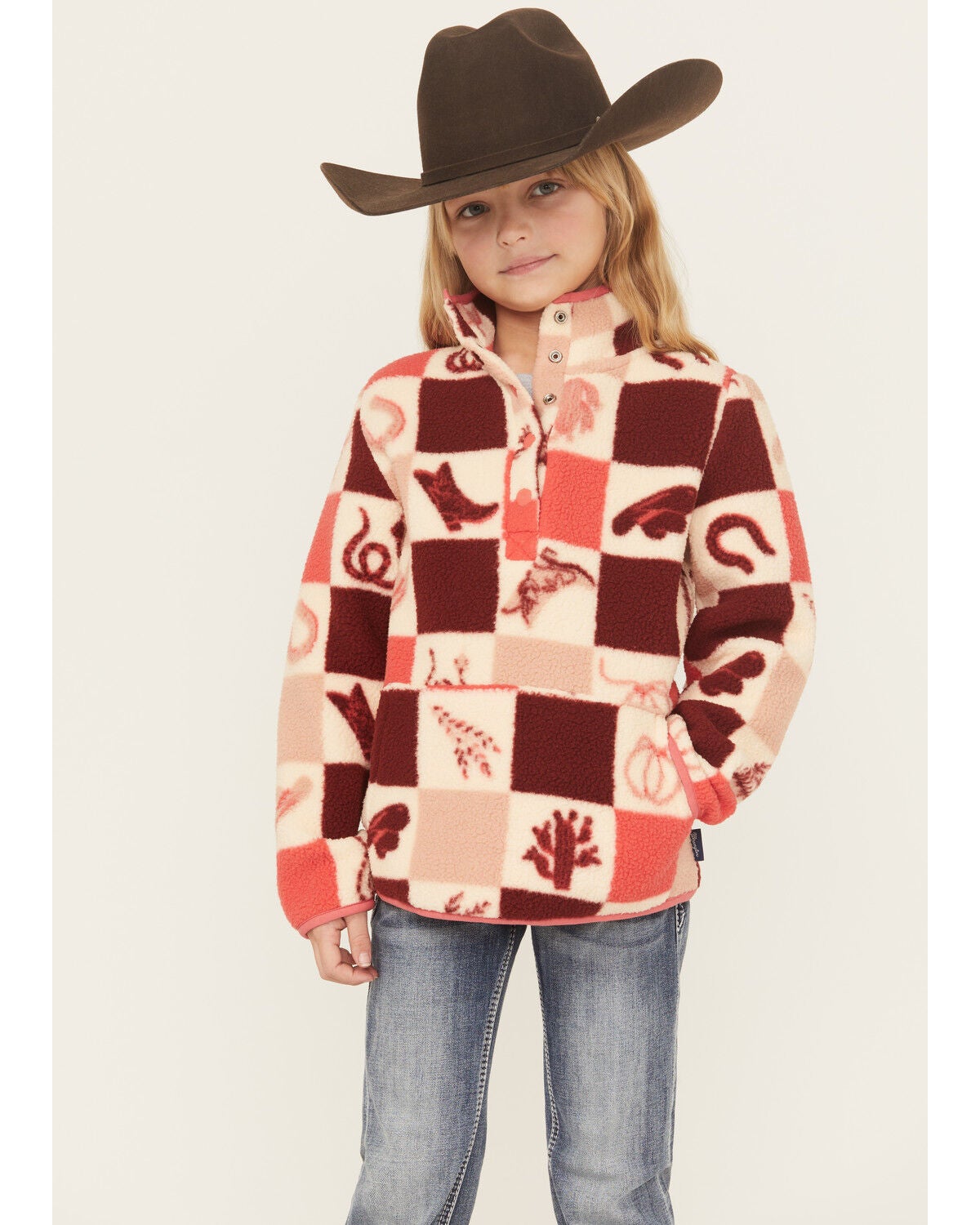 Wrangler Girls' Conversational Print Sherpa Pullover, Pink, hi-res