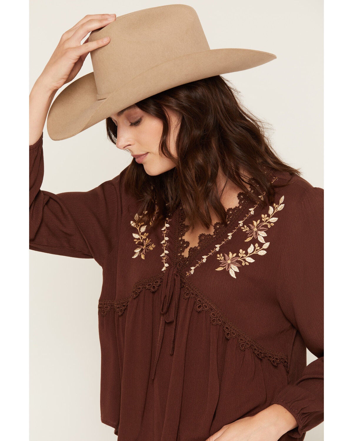 Image #2 - Wild Moss Women's Embroidered Long Sleeve Peasant Top, Brown, hi-res