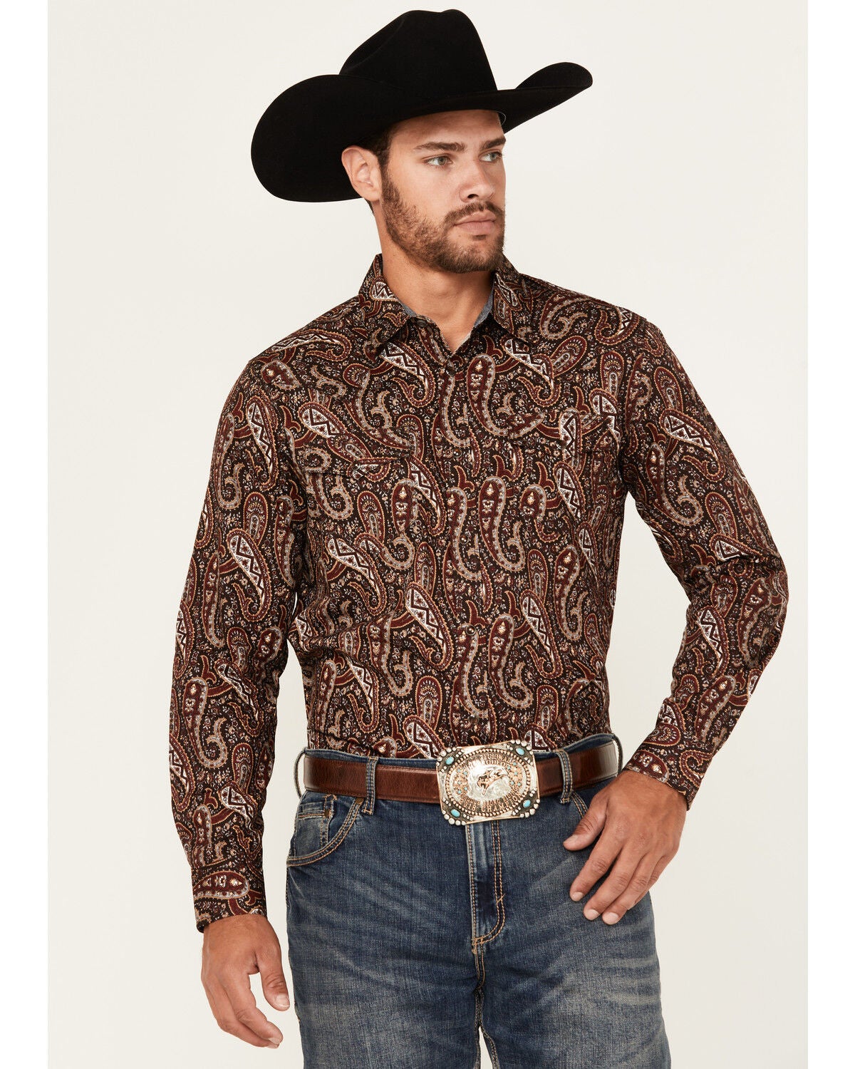Cody James Men's Leo Paisley Print Long Sleeve Snap Western Shirt, Brown, hi-res