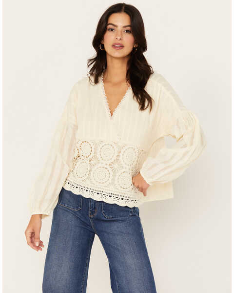 Image #2 - Miss Me Women's Crochet Long Sleeve Top, Cream, hi-res