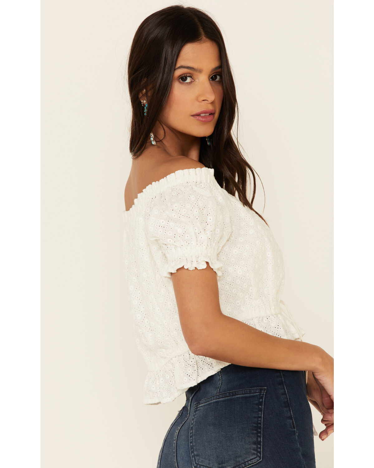 Image #5 - Miss Me Women's Eyelet Off-Shoulder Short Sleeve Crop Top, , hi-res