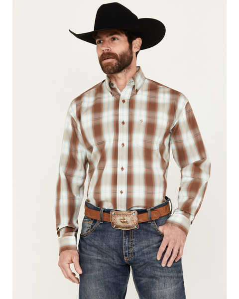 Stetson Men's Plaid Print Long Sleeve Button Down Western Shirt, Brown, hi-res