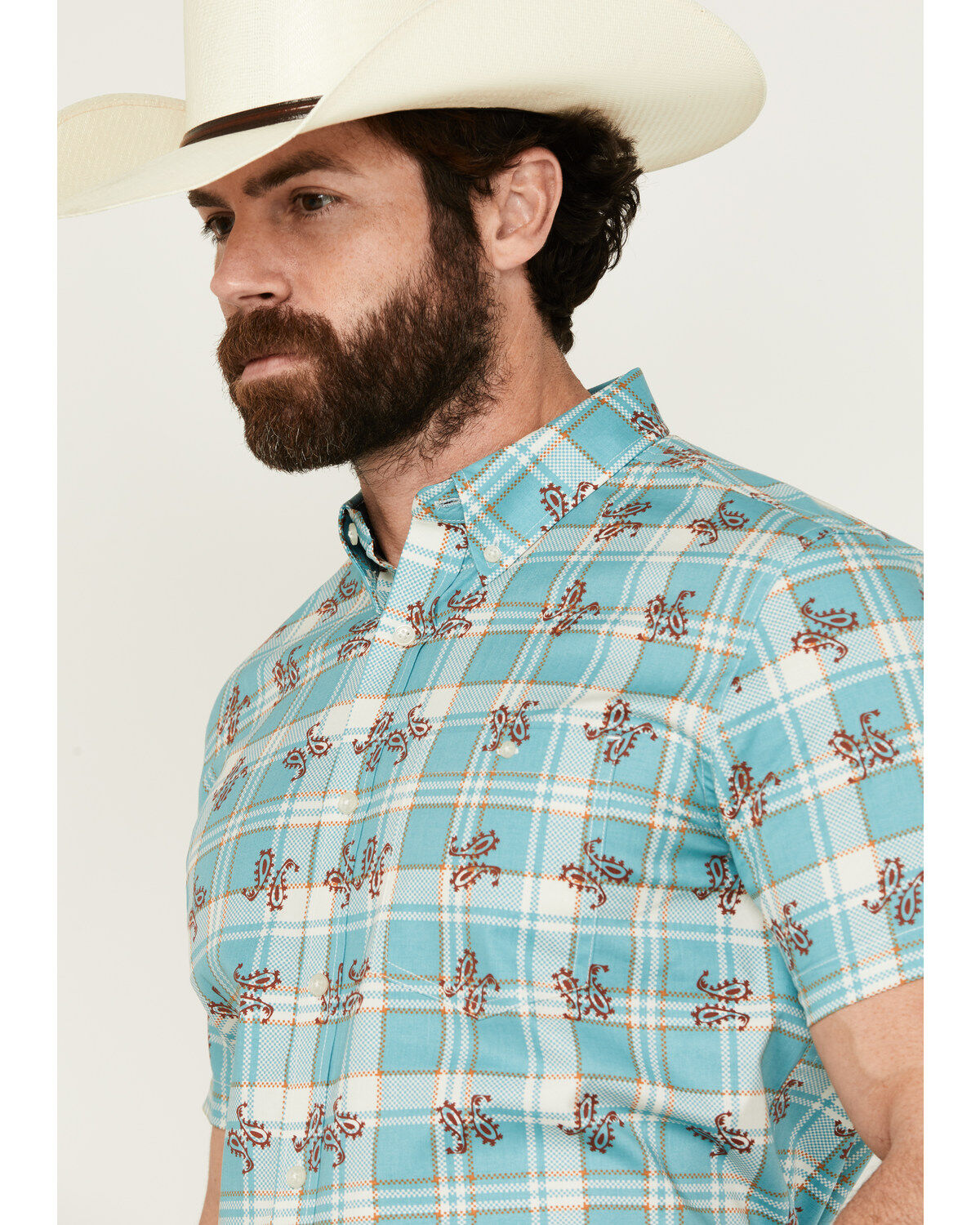 Image #2 - RANK 45® Men's Folklore Plaid Print Short Sleeve Button-Down Performance Stretch Western Shirt, Teal, hi-res