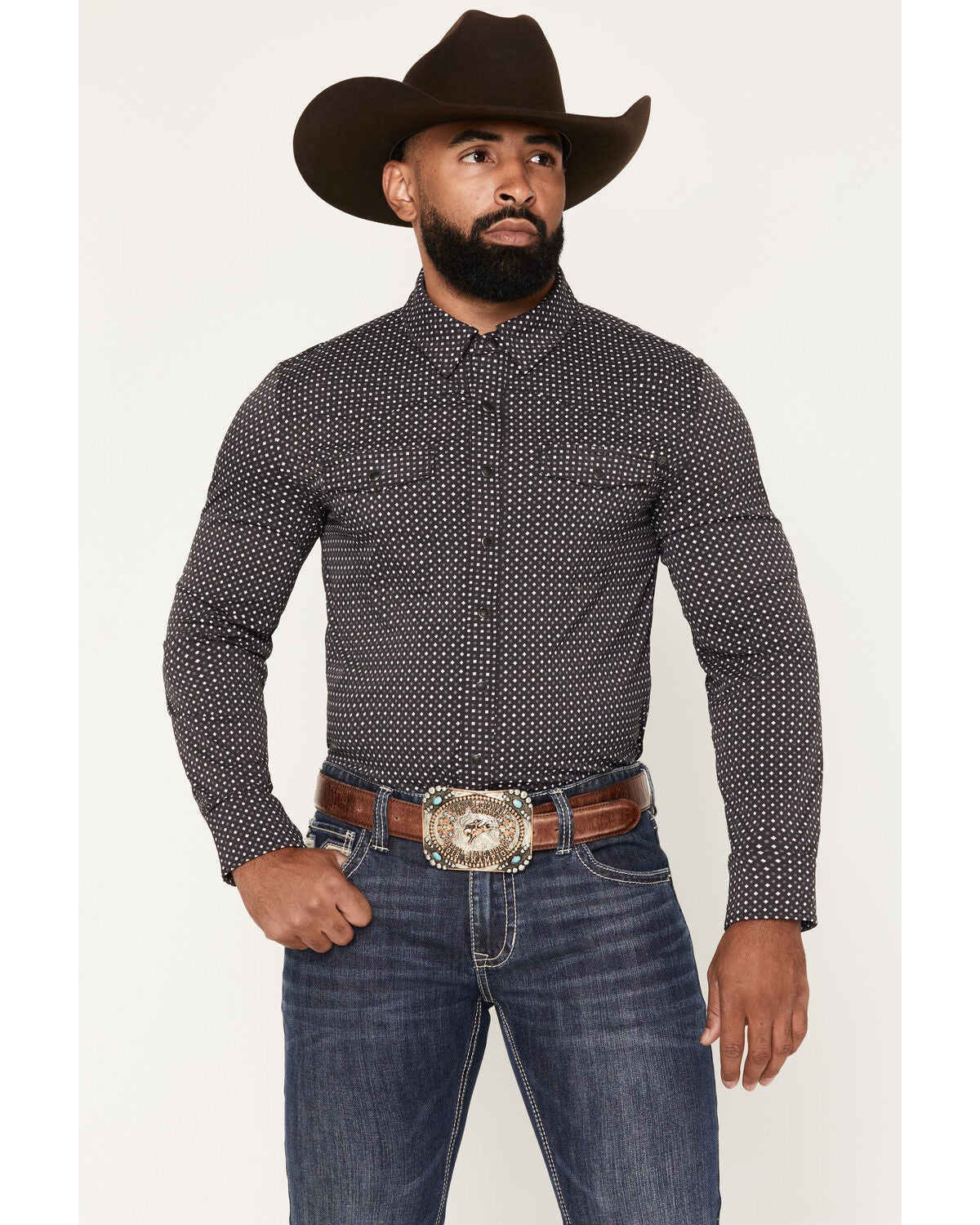 Image #1 - Rock & Roll Denim Men's TEK Geo Print Long Sleeve Snap Western Shirt, Black, hi-res