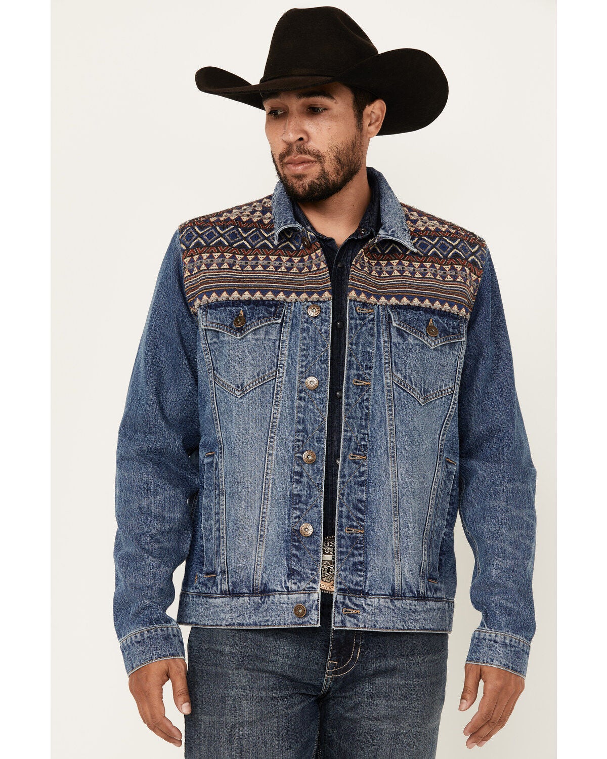 Cody James Men's Gaucho Southwestern Print Yoke Stretch Denim Jacket, Dark Wash, hi-res