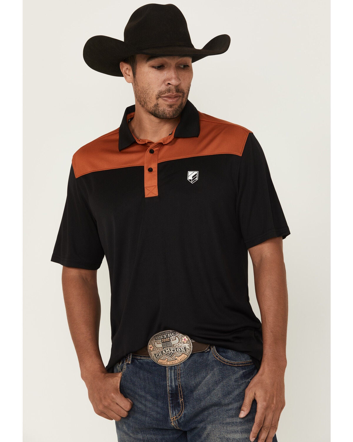 RANK 45&reg; Men's Barrier Color Block Short Sleeve Button-Down Polo Shirt, Black, hi-res