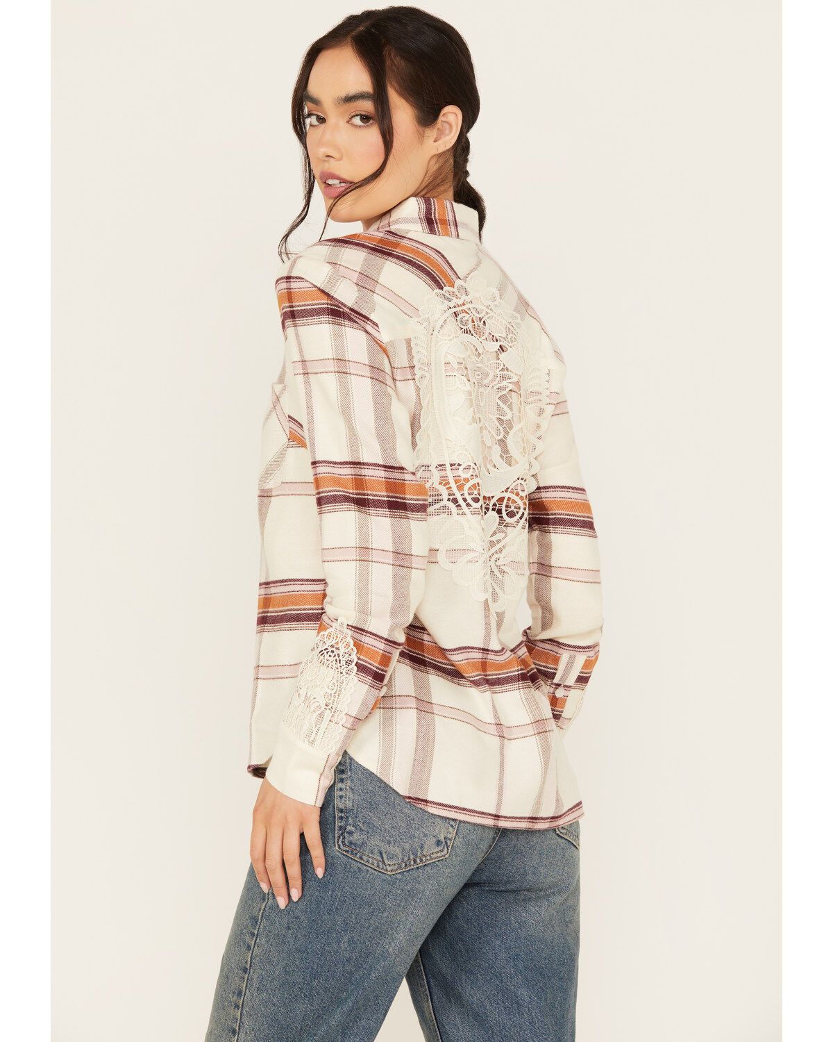Image #1 - Shyanne Women's Lace Applique Plaid Print Button-Down Flannel Shirt, Cream, hi-res