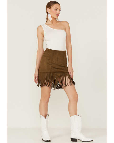 Shyanne Women's Faux Suede Fringe Skirt , Green/brown, hi-res
