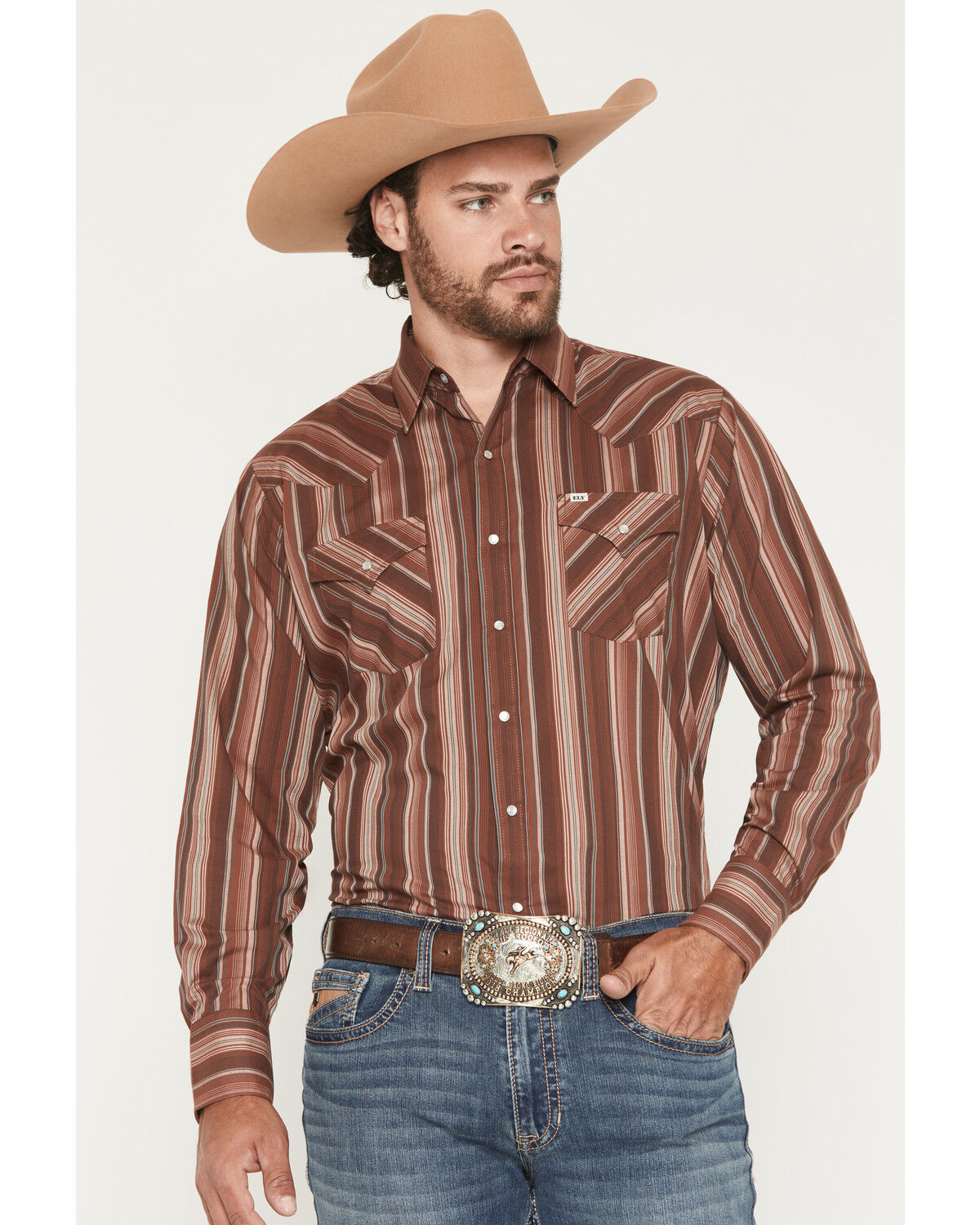 Image #1 - Ely Walker Men's Stripe Print Long Sleeve Snap Western Shirt, Burgundy, hi-res