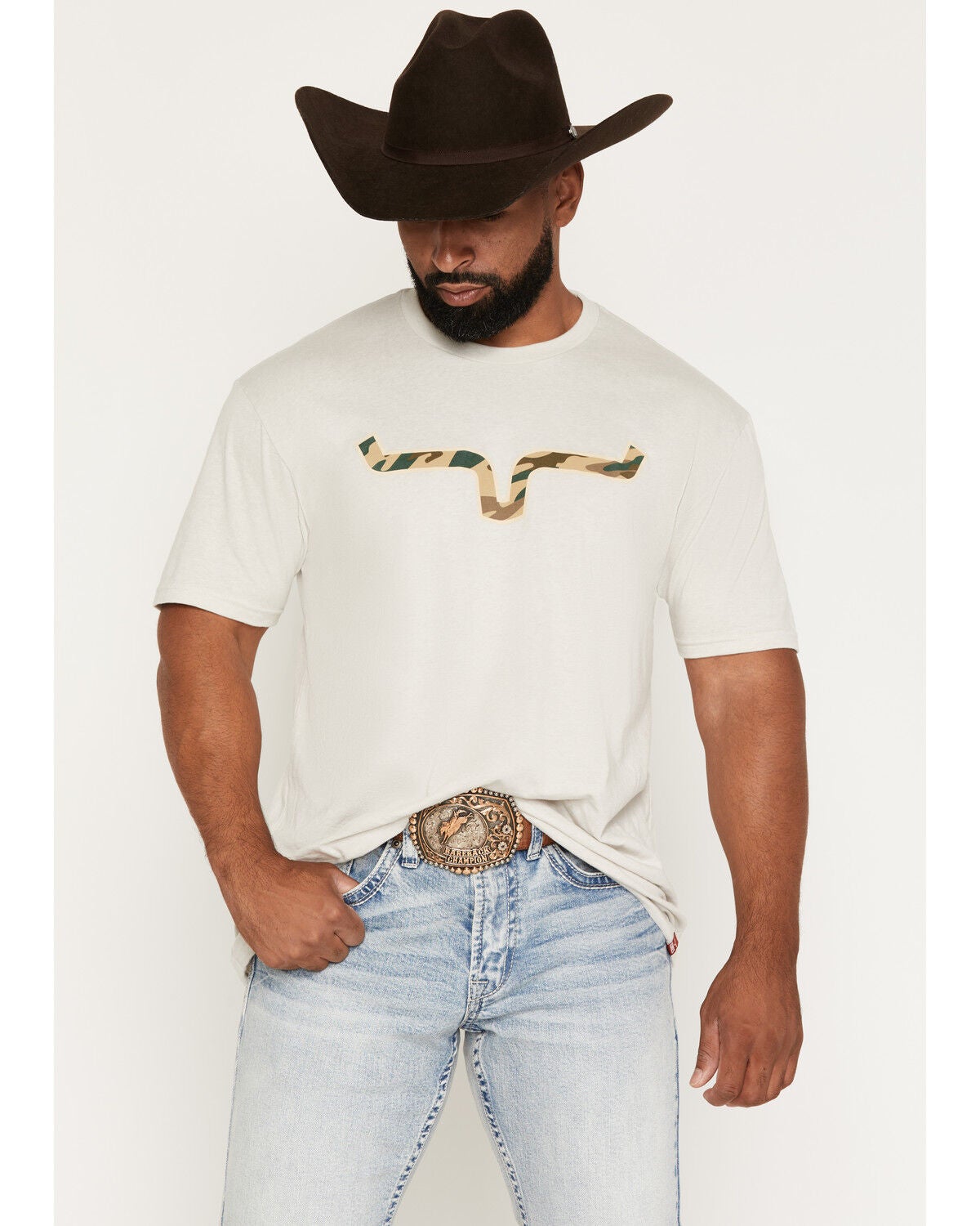 Kimes Ranch Men's Boot Barn Exclusive Camo Front Hit Short Sleeve Graphic T-Shirt, Sand, hi-res