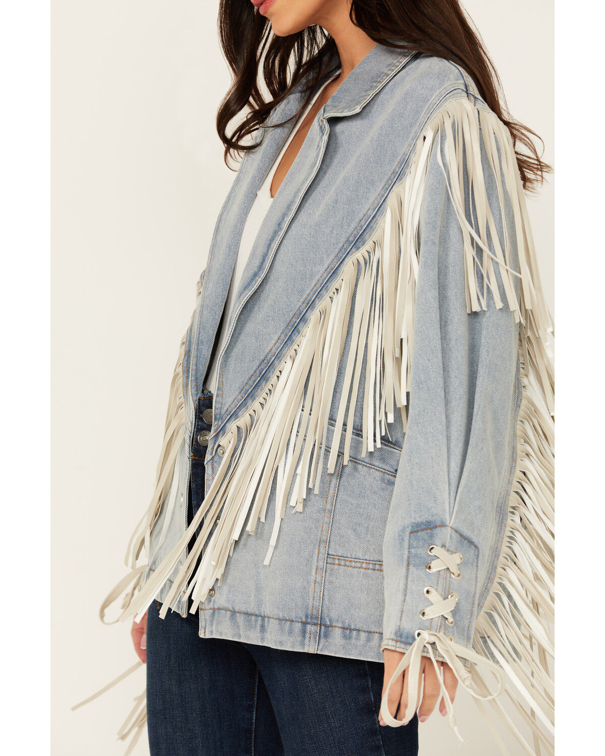 Image #3 - Saints & Hearts Women's Light Wash Denim Fringe Blazer, , hi-res
