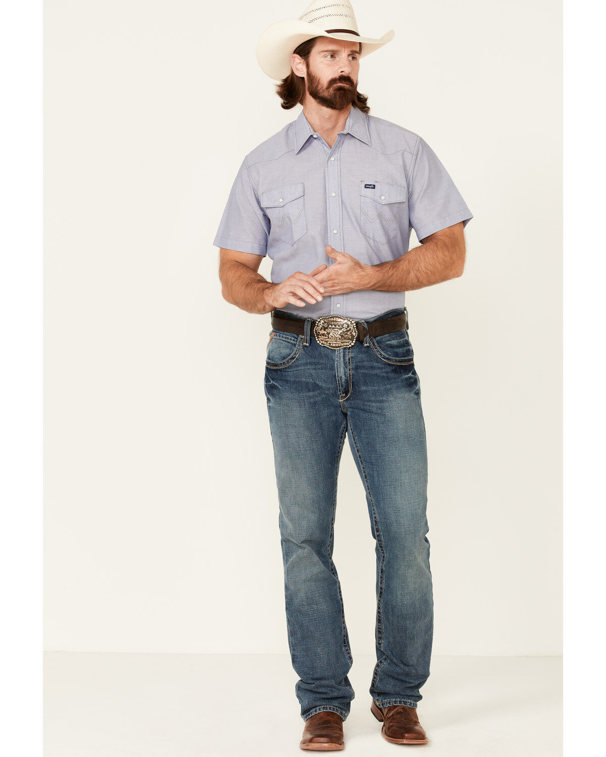 Image #2 - Wrangler Men's Solid Chambray Short Sleeve Work Shirt , Chambray, hi-res