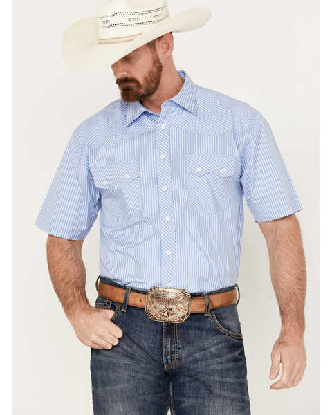 Image #1 - Resistol Men's Weston Striped Print Short Sleeve Button Down Western Shirt, Light Blue, hi-res