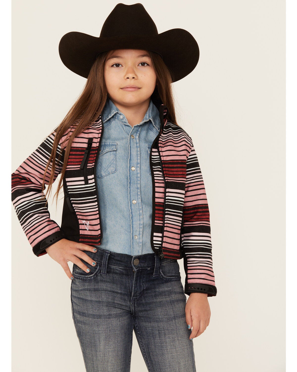 Cowgirl Hardware Girls' Desert Serape Striped Poly Shell Jacket, Pink, hi-res