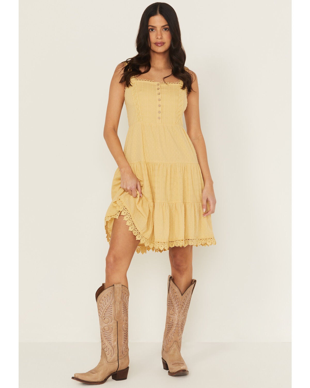 Miss Me Women's Eyelet Tiered Mini Dress, Yellow, hi-res