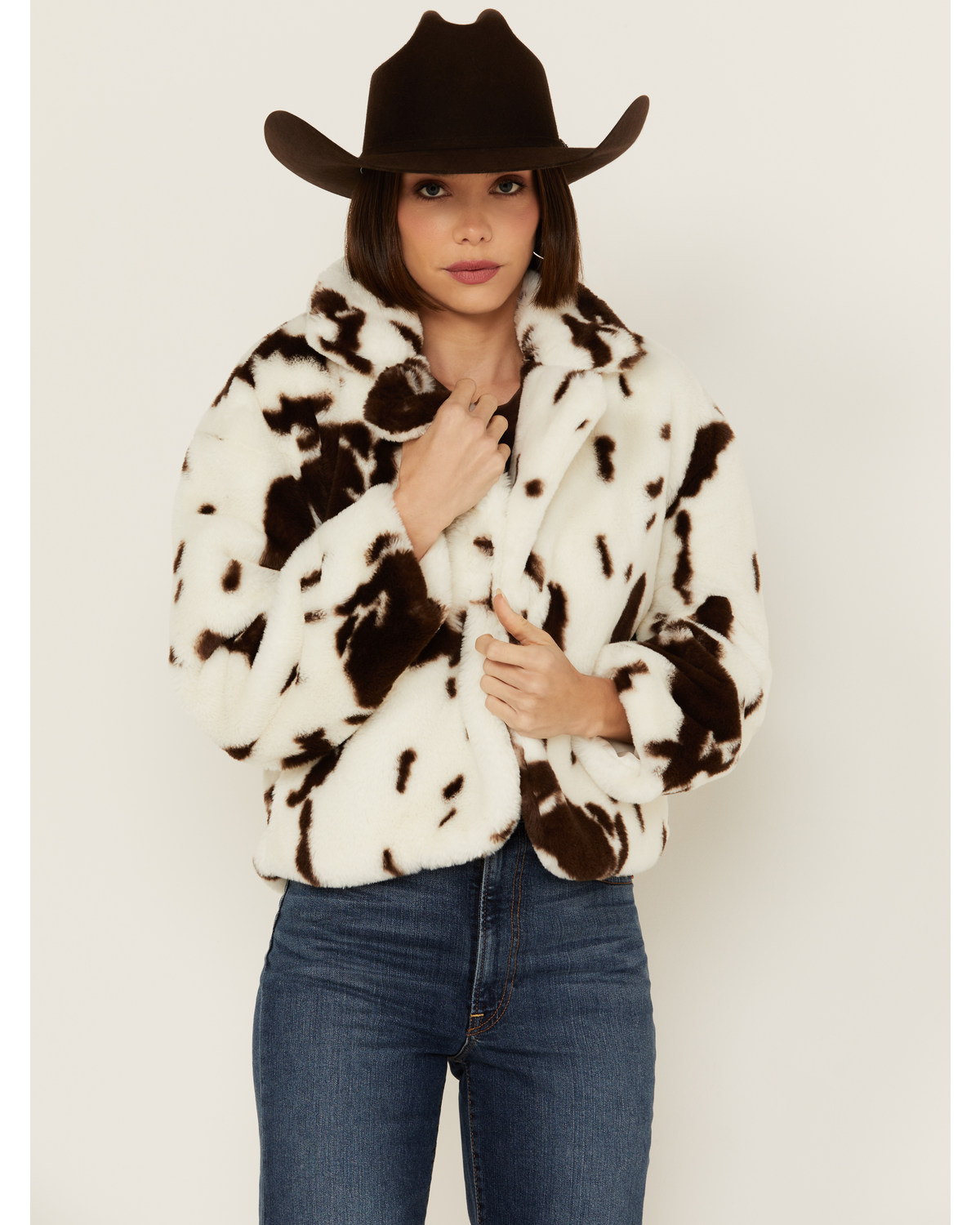 Ashley Women's Cow Print Faux Fur Jacket