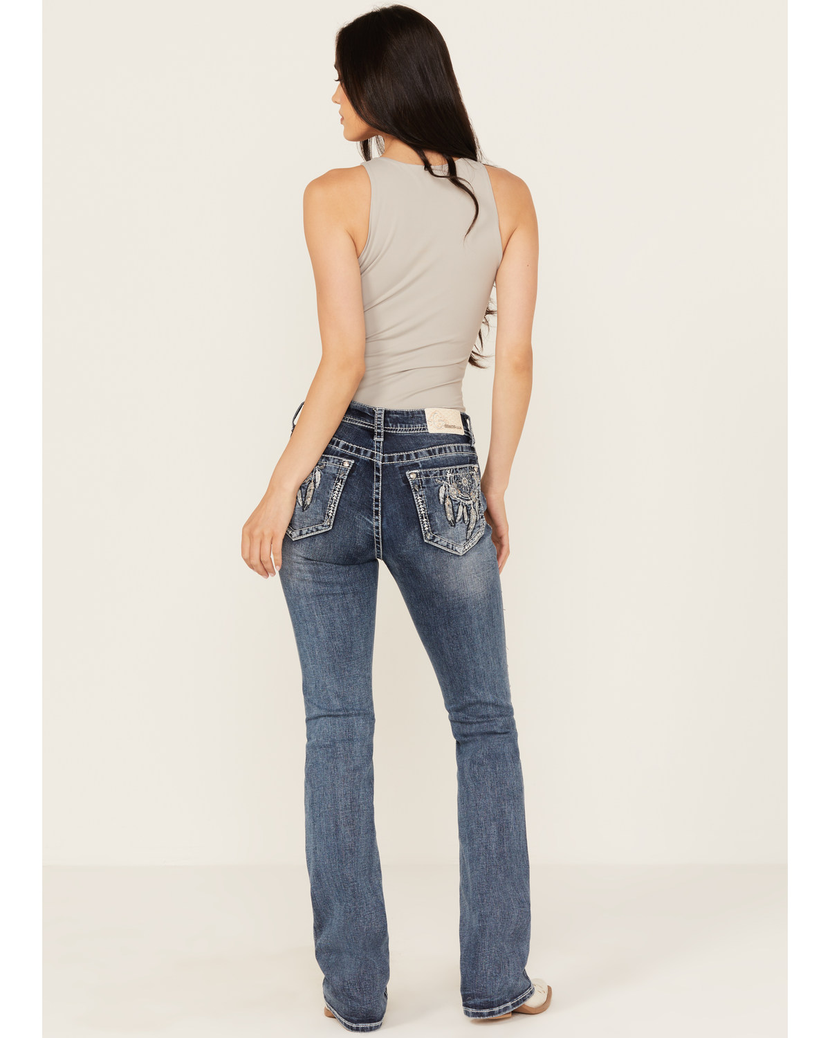 Grace LA Women's Medium Wash Mid Rise Dream Catcher Pocket Bootcut Jeans