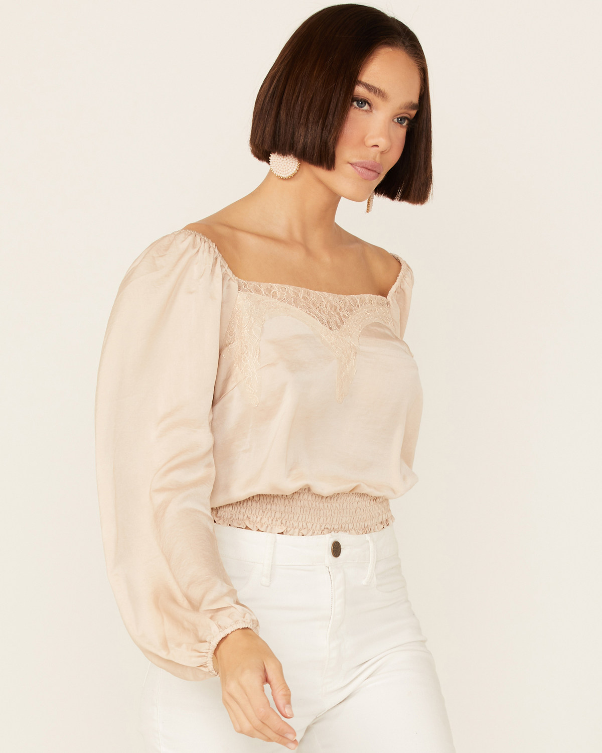 Lush Women's Lace Detail Puff Sleeve Top
