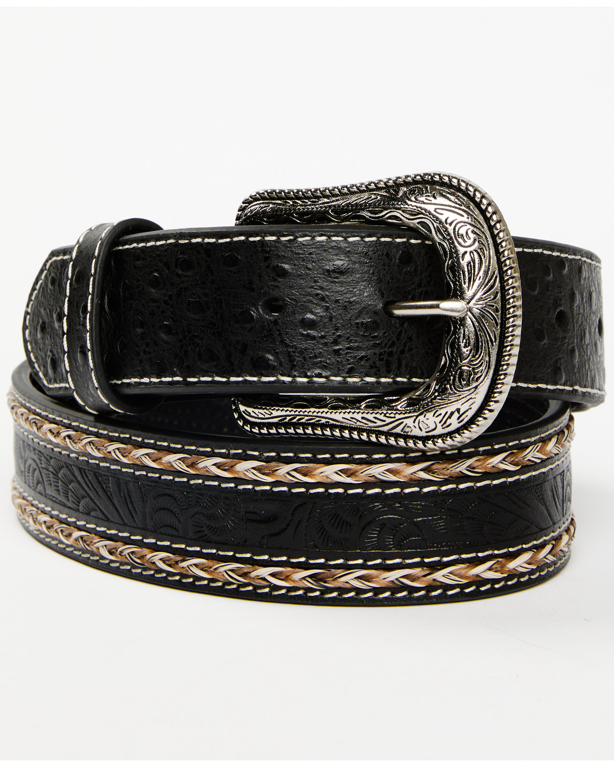 Cody James Men's Horsehair with Floral Tooled Inlay Belt