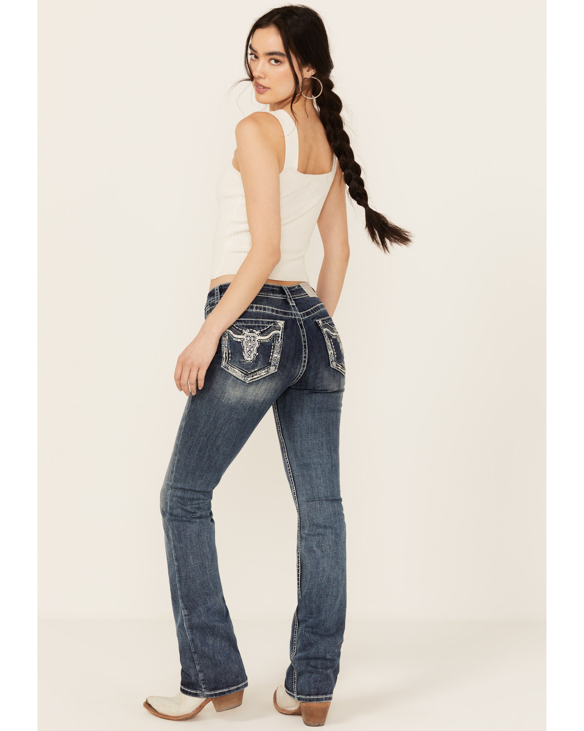 Grace LA Women's Medium Wash Sequin Longhorn Pocket Mid Rise Bootcut Stretch Denim Jeans