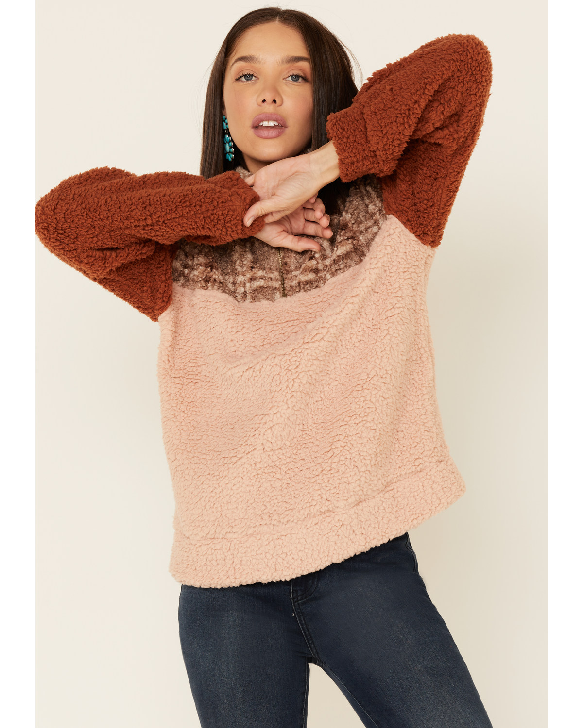 Hem & Thread Women's Plaid Colorblock Sherpa 1/4 Zip Pullover