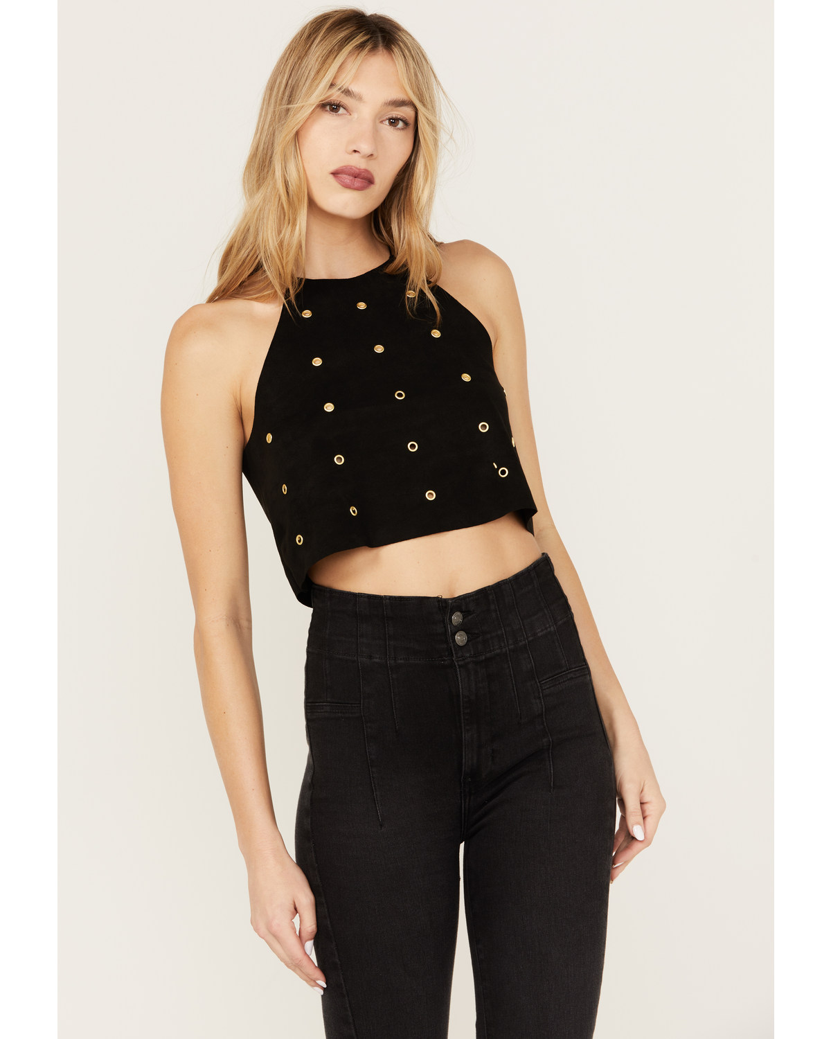 Vocal Women's Faux Suede Eyelet Halter Crop Top