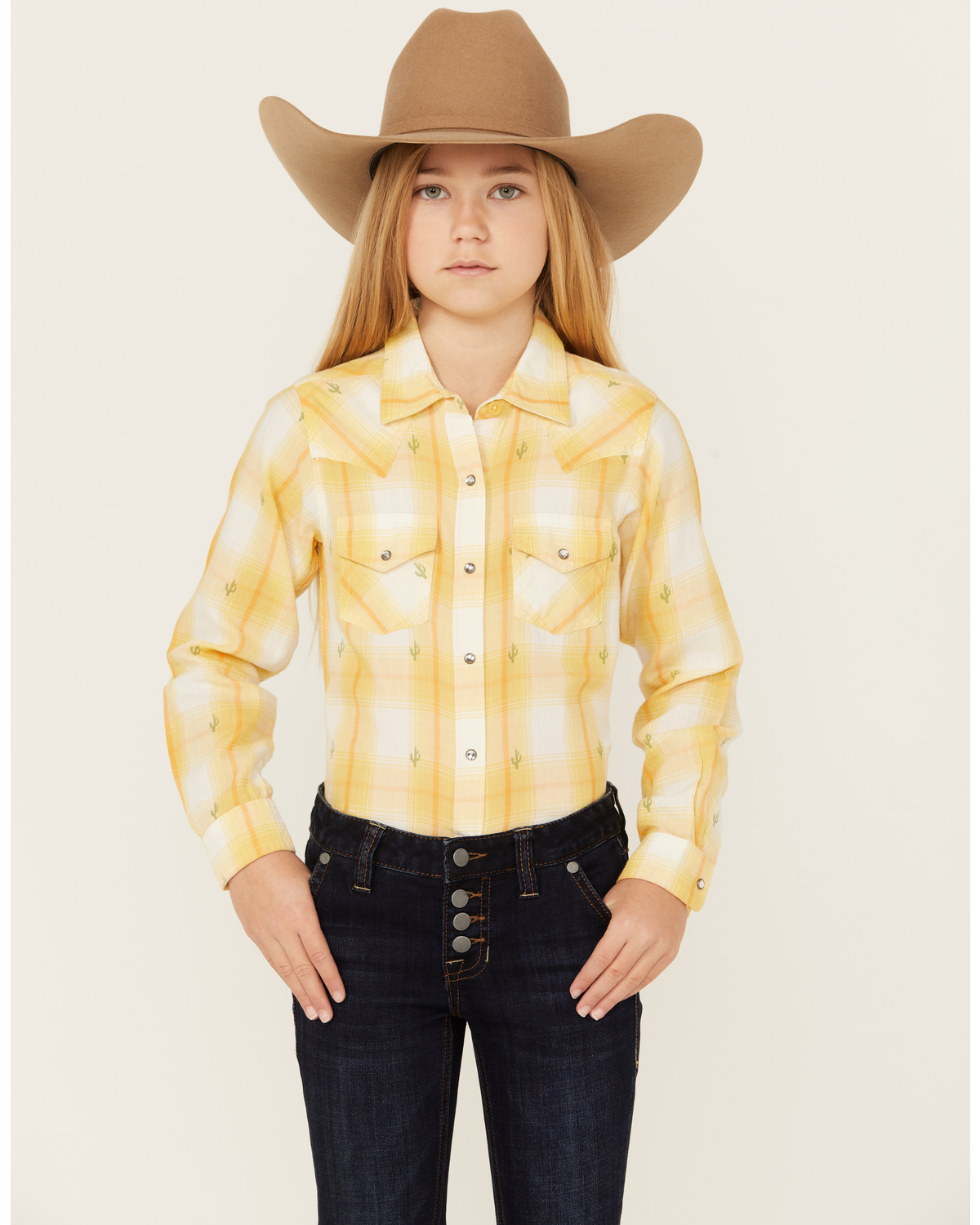 Ariat Girls' Glenrock Cactus Plaid Print Long Sleeve Rhinestone Snap Western Shirt
