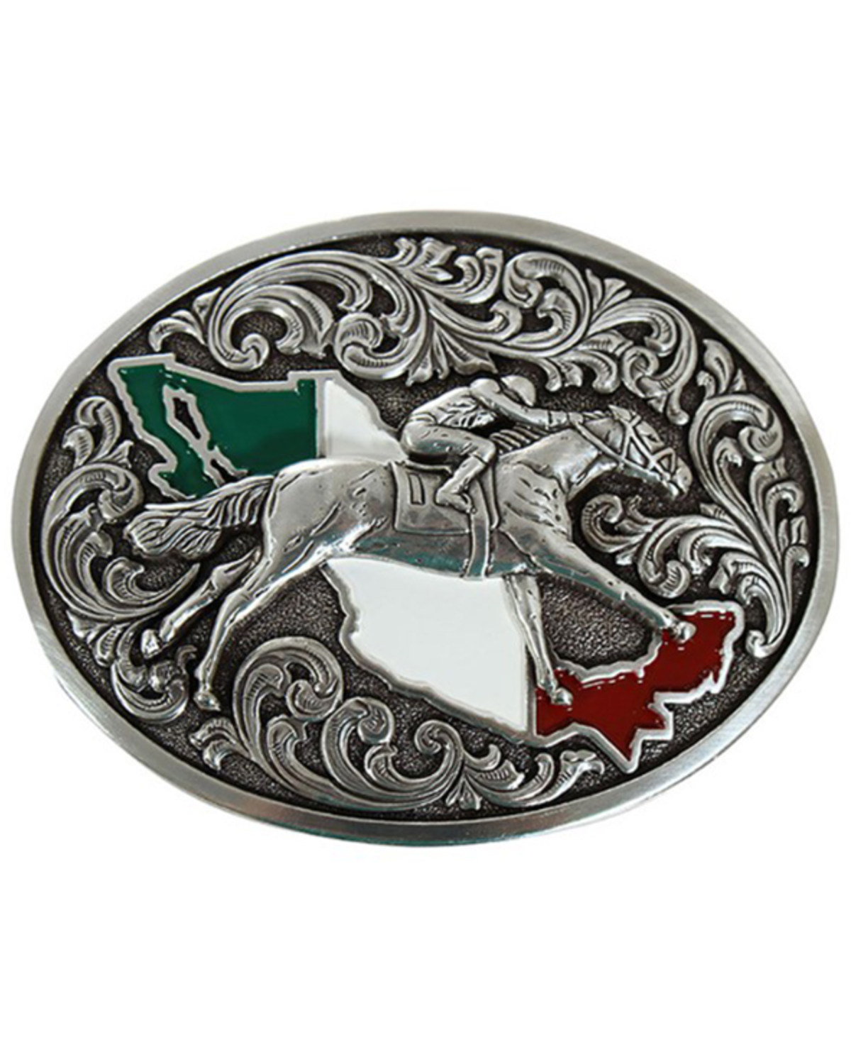 M & F Western Silver Mexican Flag Inspired Oval Horse Rider Belt Buckle