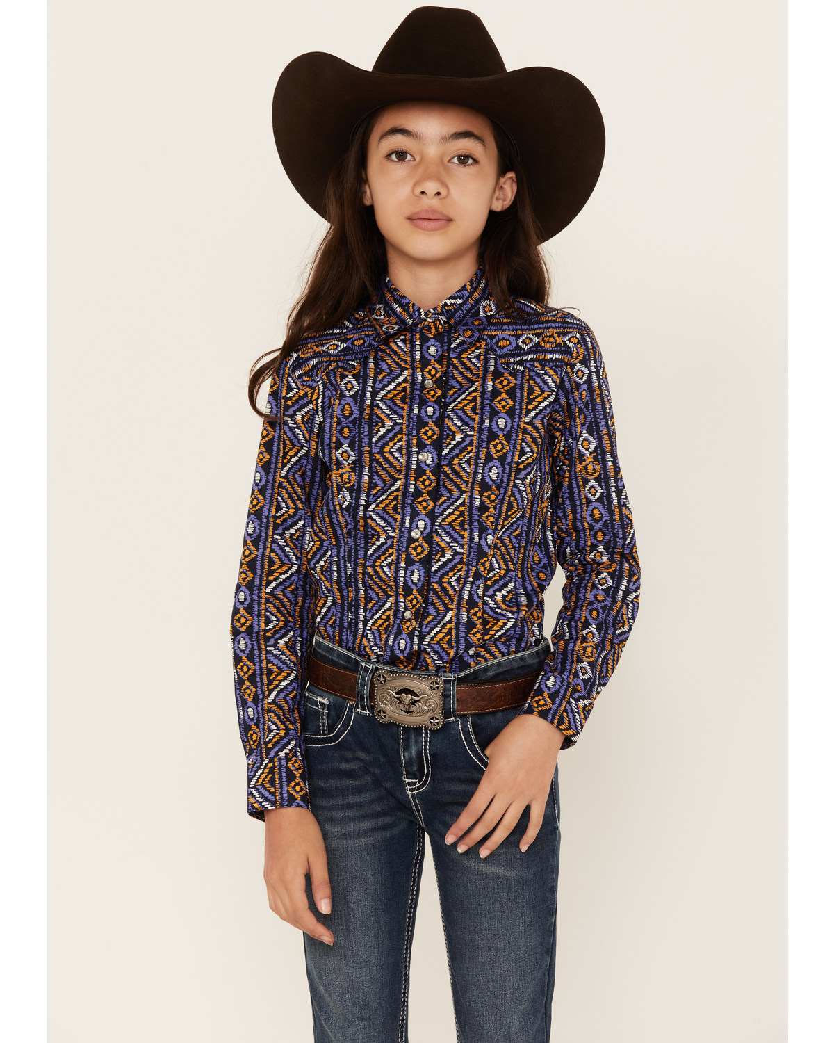 Cruel Girl Girls' Southwestern Stripe Print Long Sleeve Snap Western Shirt